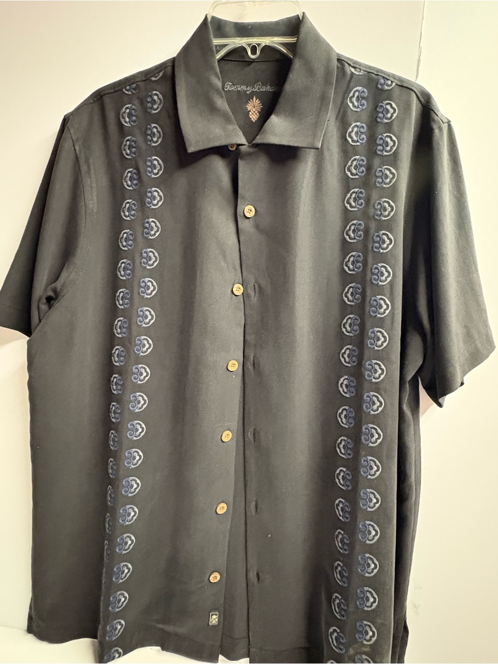 Tommy Bahama Black Short-Sleeve Button-Down SILK Shirt with Blue Embroidered
